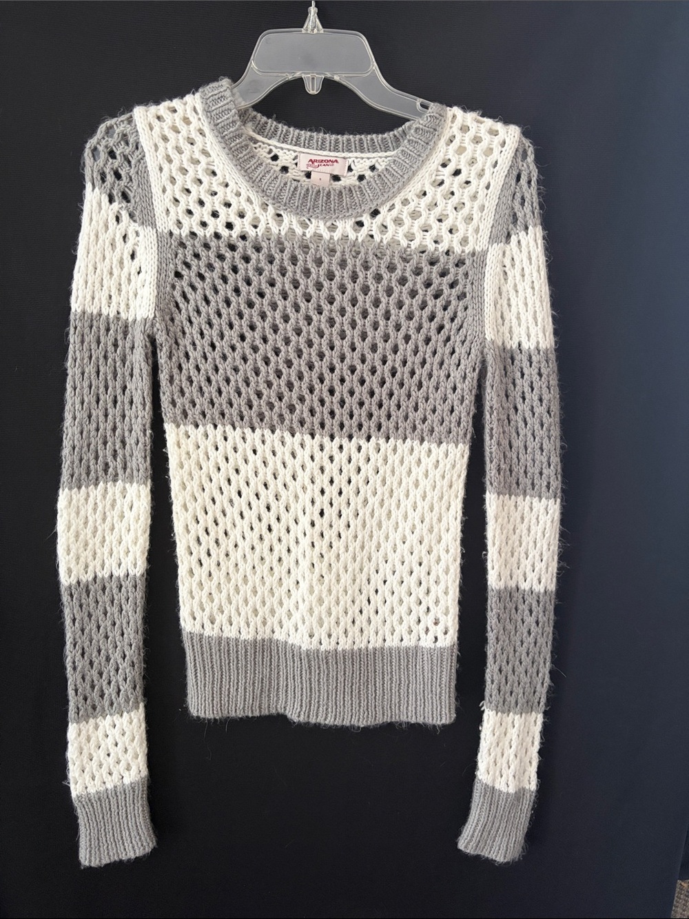 Arizona Jean Company Open-Knit Striped Crewneck Sweater - Gray & White